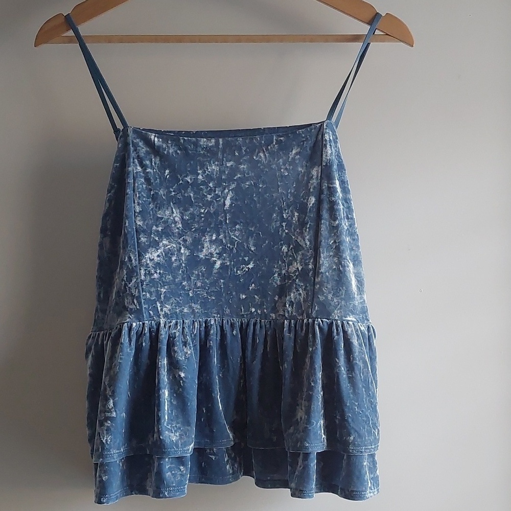New American Eagle Crushed Blue velvet Tiered Ruffle tank Large - Picture 2 of 4